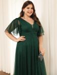 Romantic V Neck Tulle Evening Dress with Ruffle Sleeves – Dark Green