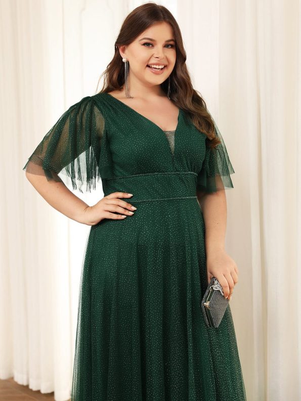 Romantic V Neck Tulle Evening Dress with Ruffle Sleeves - Dark Green