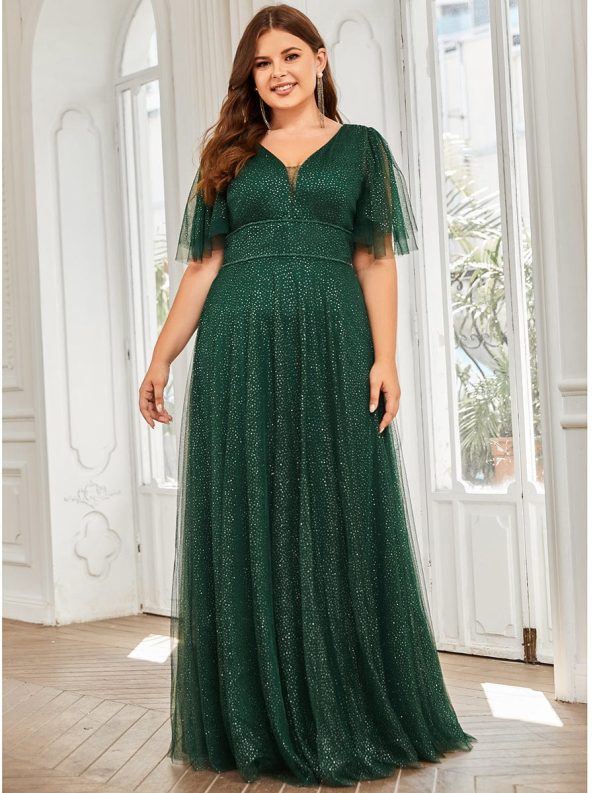 Romantic V Neck Tulle Evening Dress with Ruffle Sleeves - Dark Green