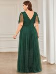 Romantic V Neck Tulle Evening Dress with Ruffle Sleeves – Dark Green