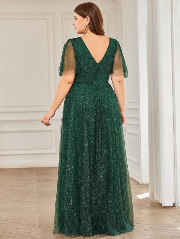 Romantic V Neck Tulle Evening Dress with Ruffle Sleeves - Dark Green