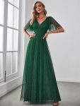 Romantic V Neck Tulle Evening Dress with Ruffle Sleeves – Dark Green