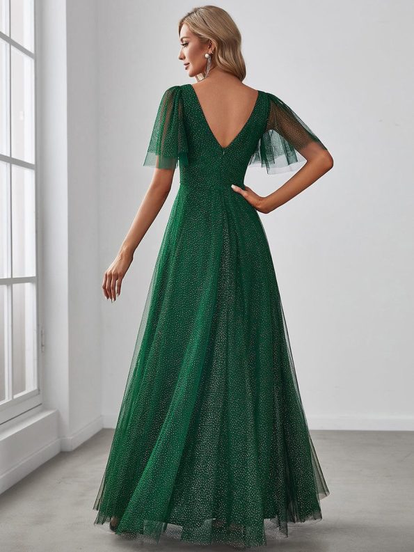 Romantic V Neck Tulle Evening Dress with Ruffle Sleeves - Dark Green