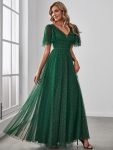 Romantic V Neck Tulle Evening Dress with Ruffle Sleeves – Dark Green