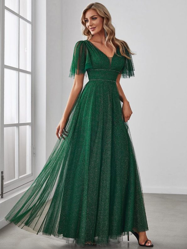 Romantic V Neck Tulle Evening Dress with Ruffle Sleeves - Dark Green