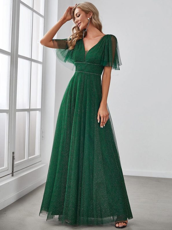 Romantic V Neck Tulle Evening Dress with Ruffle Sleeves - Dark Green