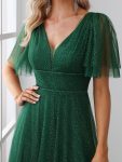 Romantic V Neck Tulle Evening Dress with Ruffle Sleeves – Dark Green