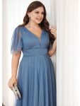 Romantic V Neck Tulle Evening Dress with Ruffle Sleeves – Dusty Navy