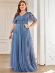 Romantic V Neck Tulle Evening Dress with Ruffle Sleeves – Dusty Navy