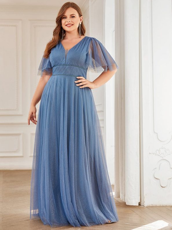 Romantic V Neck Tulle Evening Dress with Ruffle Sleeves - Dusty Navy