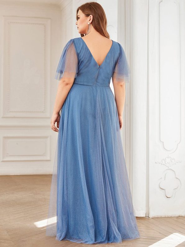 Romantic V Neck Tulle Evening Dress with Ruffle Sleeves - Dusty Navy