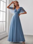 Romantic V Neck Tulle Evening Dress with Ruffle Sleeves - Dusty Navy