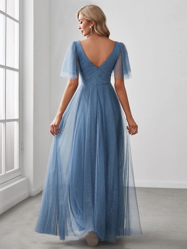 Romantic V Neck Tulle Evening Dress with Ruffle Sleeves - Dusty Navy