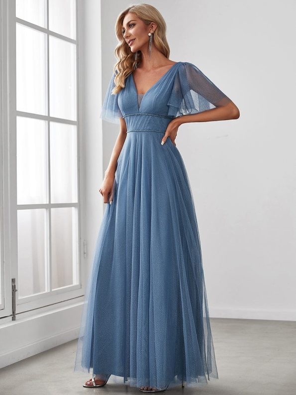 Romantic V Neck Tulle Evening Dress with Ruffle Sleeves - Dusty Navy