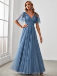 Romantic V Neck Tulle Evening Dress with Ruffle Sleeves – Dusty Navy