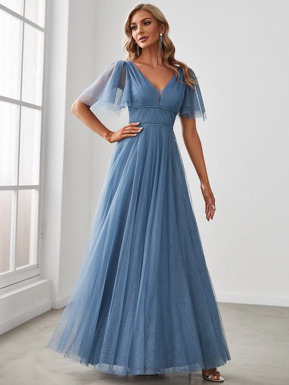 Romantic V Neck Tulle Evening Dress with Ruffle Sleeves - Dusty Navy