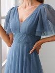 Romantic V Neck Tulle Evening Dress with Ruffle Sleeves – Dusty Navy