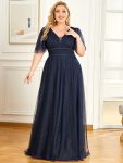 Romantic V Neck Tulle Evening Dress with Ruffle Sleeves – Navy Blue