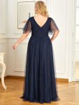 Romantic V Neck Tulle Evening Dress with Ruffle Sleeves – Navy Blue