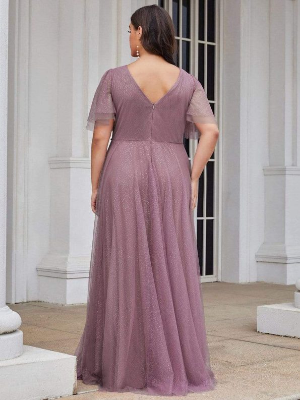 Romantic V Neck Tulle Evening Dress with Ruffle Sleeves - Purple Orchid