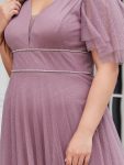 Romantic V Neck Tulle Evening Dress with Ruffle Sleeves – Purple Orchid