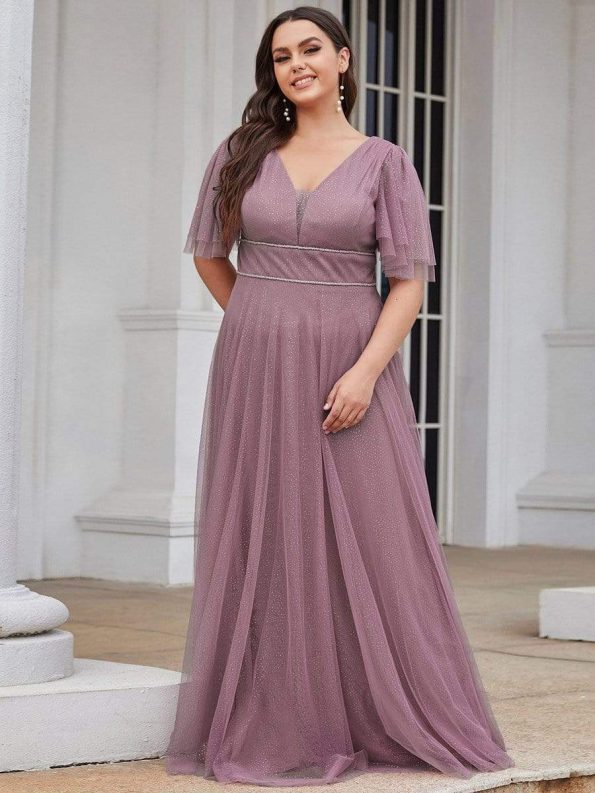 Romantic V Neck Tulle Evening Dress with Ruffle Sleeves - Purple Orchid