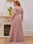 Romantic V Neck Tulle Evening Dress with Ruffle Sleeves – Pink