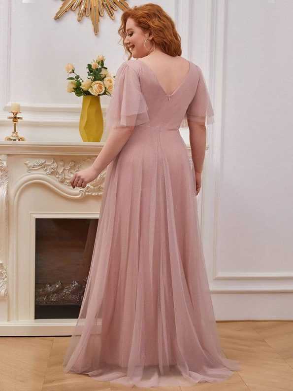 Romantic V Neck Tulle Evening Dress with Ruffle Sleeves - Pink