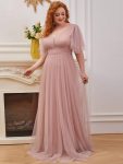 Romantic V Neck Tulle Evening Dress with Ruffle Sleeves – Pink