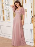 Romantic V Neck Tulle Evening Dress with Ruffle Sleeves – Pink