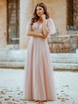 Romantic V Neck Tulle Evening Dress with Ruffle Sleeves – Pink