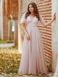 Romantic V Neck Tulle Evening Dress with Ruffle Sleeves – Pink