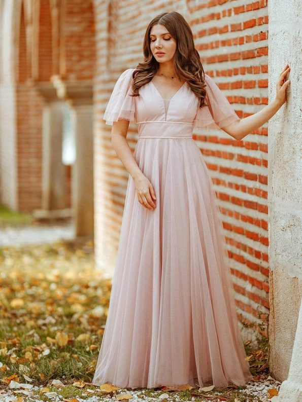 Romantic V Neck Tulle Evening Dress with Ruffle Sleeves - Pink