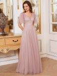 Romantic V Neck Tulle Evening Dress with Ruffle Sleeves – Pink