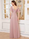 Romantic V Neck Tulle Evening Dress with Ruffle Sleeves – Pink