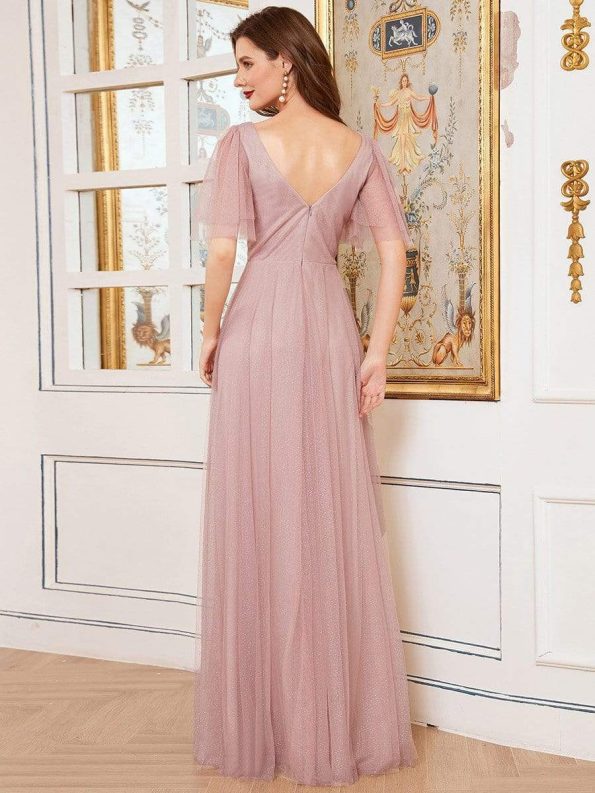 Romantic V Neck Tulle Evening Dress with Ruffle Sleeves - Pink