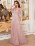 Romantic V Neck Tulle Evening Dress with Ruffle Sleeves – Pink