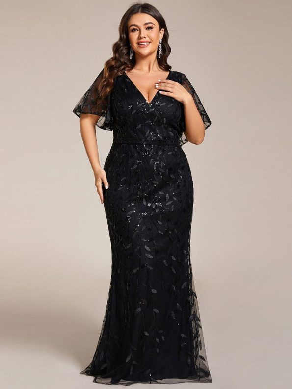 Gorgeous V Neck Leaf-Sequined Fishtail Party Dress - Black