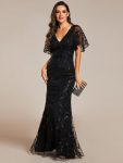 Gorgeous V Neck Leaf-Sequined Fishtail Party Dress - Black