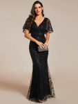 Gorgeous V Neck Leaf-Sequined Fishtail Party Dress – Black