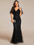 Gorgeous V Neck Leaf-Sequined Fishtail Party Dress – Black