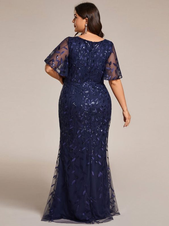 Gorgeous V Neck Leaf-Sequined Fishtail Party Dress - Navy Blue