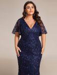 Gorgeous V Neck Leaf-Sequined Fishtail Party Dress – Navy Blue