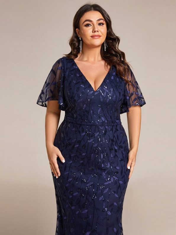 Gorgeous V Neck Leaf-Sequined Fishtail Party Dress - Navy Blue