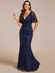 Gorgeous V Neck Leaf-Sequined Fishtail Party Dress – Navy Blue