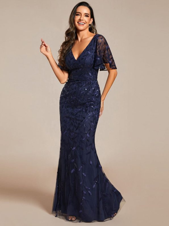 Gorgeous V Neck Leaf-Sequined Fishtail Party Dress - Navy Blue