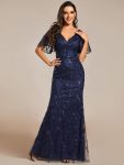 Gorgeous V Neck Leaf-Sequined Fishtail Party Dress – Navy Blue