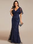 Gorgeous V Neck Leaf-Sequined Fishtail Party Dress – Navy Blue