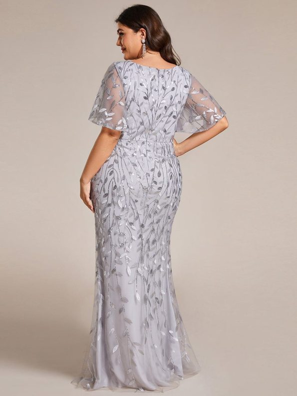 Gorgeous V Neck Leaf-Sequined Fishtail Party Dress - Silver