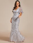 Gorgeous V Neck Leaf-Sequined Fishtail Party Dress – Silver